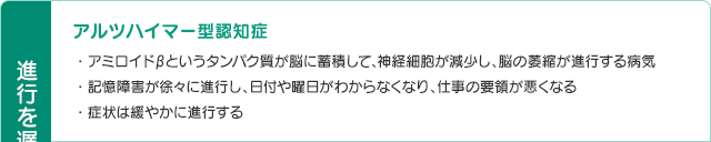 アルツハイマー型認知症・アミロイドβというタンパク質が脳に蓄積して、神経細胞が減少し、脳の萎縮が進行する病気・記憶障害が徐々に進行し、日付や曜日がわからなくなり、仕事の要領が悪くなる・症状は緩やかに進行する