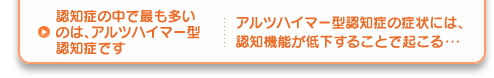 認知症の中で最も多いのは、アルツハイマー型 認知症です アルツハイマー型認知症の症状には、認知機能が低下することで起こる・・・