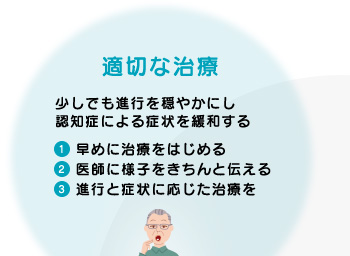 適切な治療 少しでも進行を穏やかにし認知症による症状を緩和する 1.早めに治療をはじめる 2.医師に様子をきちんと伝える 3.進行と症状に応じた治療を